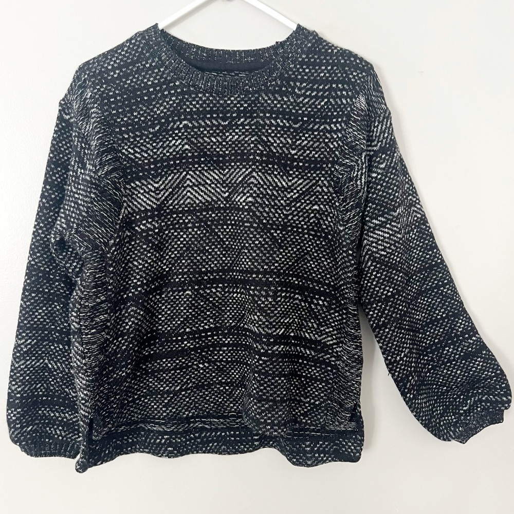 Lucky Brand Knit Sweater Crew Neck Black White Oversized Cozy Fair Isle Small